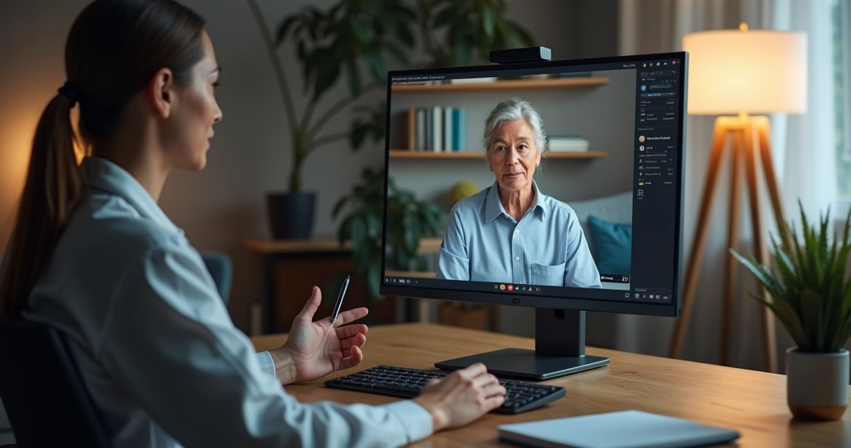 Psiquiatra em teleconsulta conversa com paciente mostrando empatia na tela do computador 