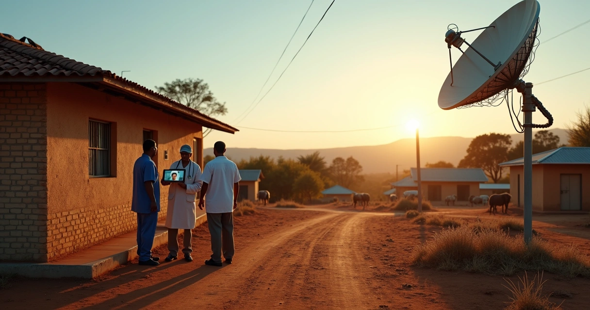Equipe de saúde em área rural usando tablet conectado por antena satelital 