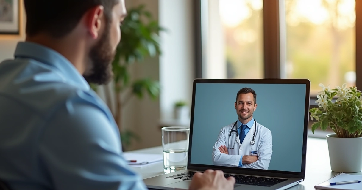 Consulta por vídeo sobre saúde sexual masculina em notebook
