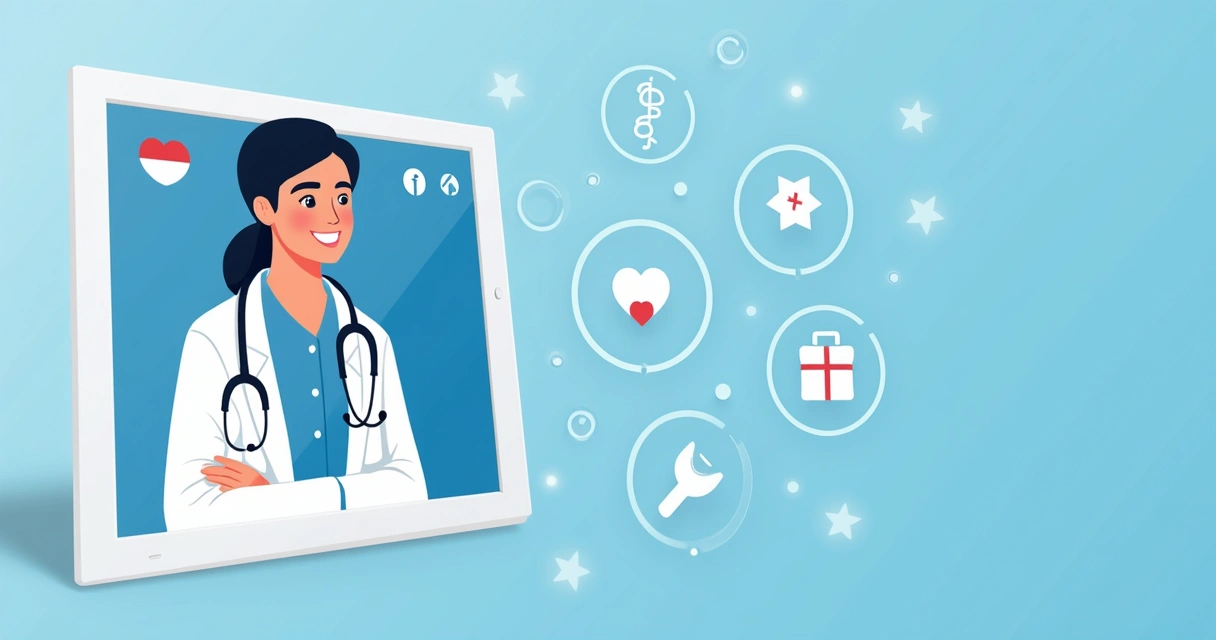 Tela digital mostrando chamada de telemedicina, médico sorrindo 