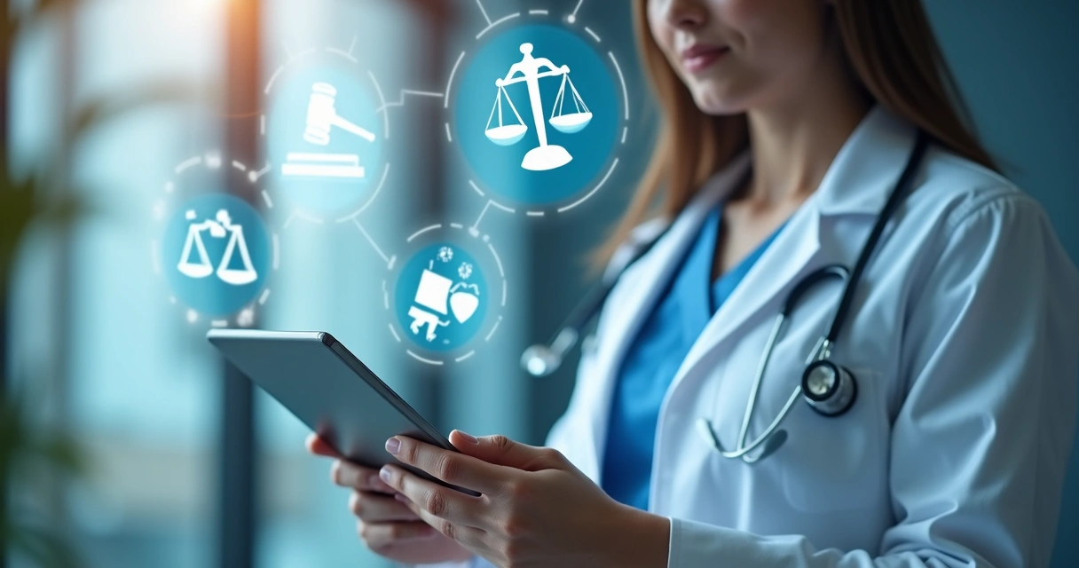 Profissional de saúde usando tablet para atendimento remoto com símbolos legais e digitais ao redor 