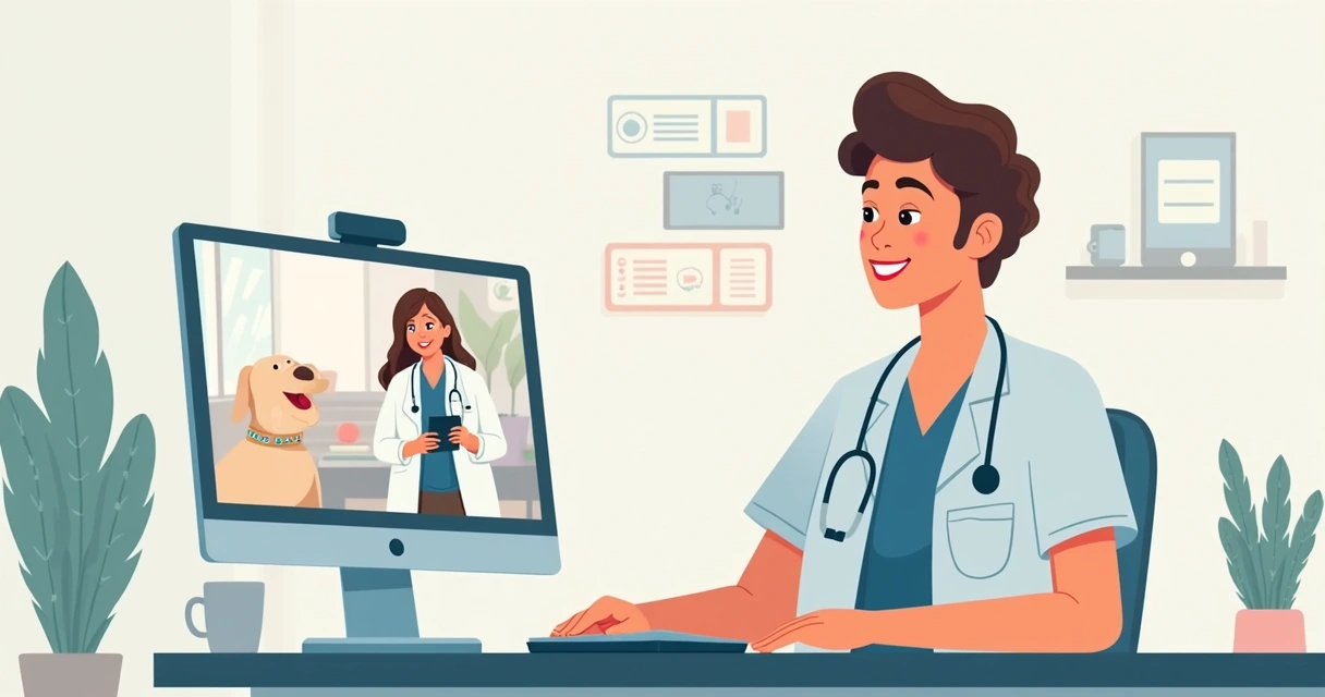 Veterinário faz consulta online em tablet com tutor de pet 