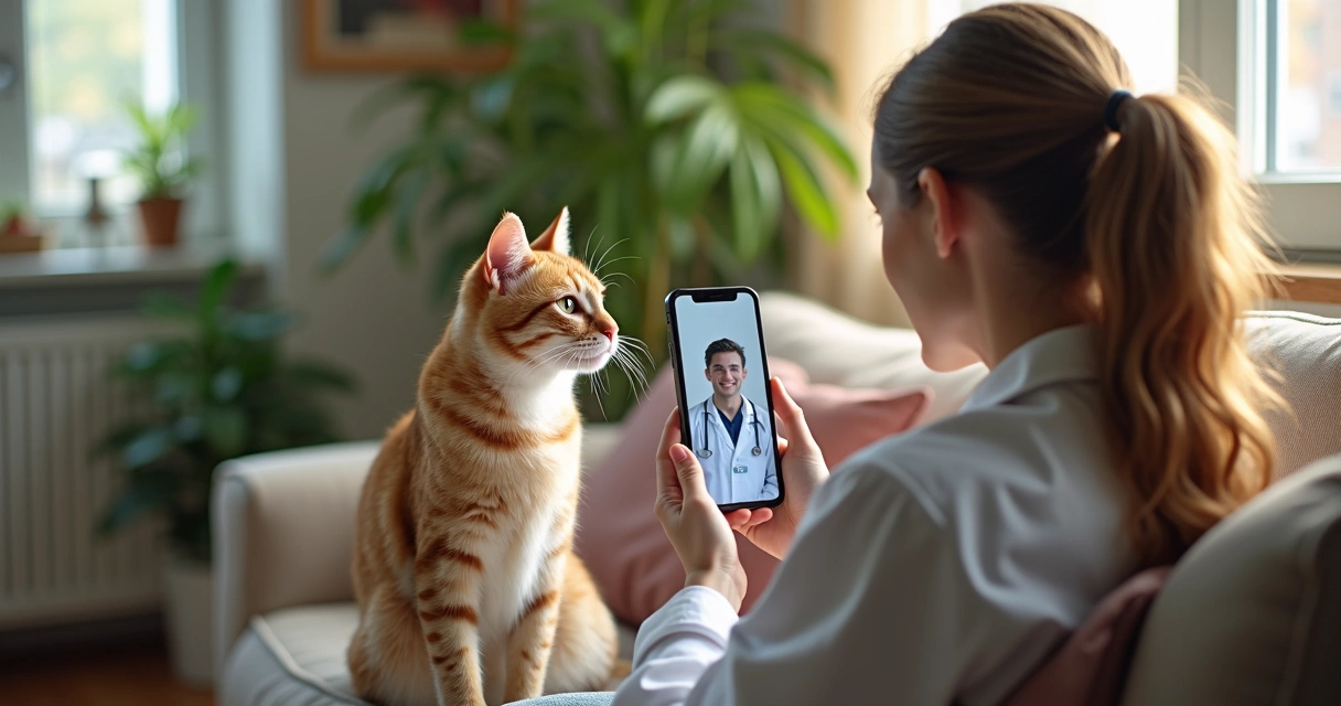 Tutora segurando smartphone em videochamada com veterinário e seu gato ao lado