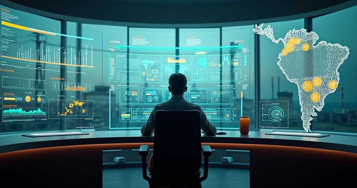 Painel holográfico mostrando telemetria de infraestrutura crítica em ambiente industrial 