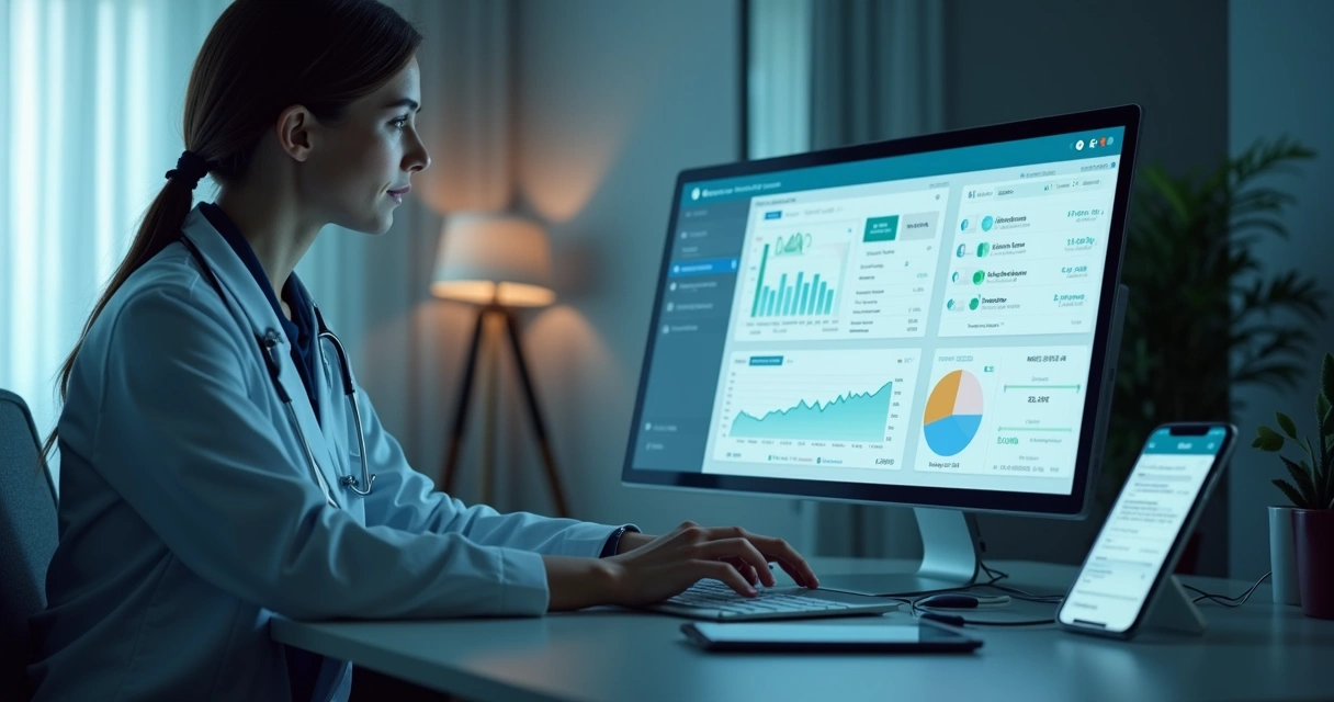 Profissional de saúde analisando dados em dashboard digital com gráficos em tempo real para telemonitoramento domiciliar 