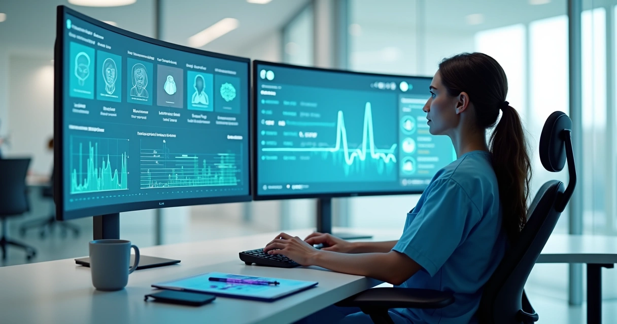 Profissional de clínica monitora pacientes à distância em telas com gráficos de saúde e IA 