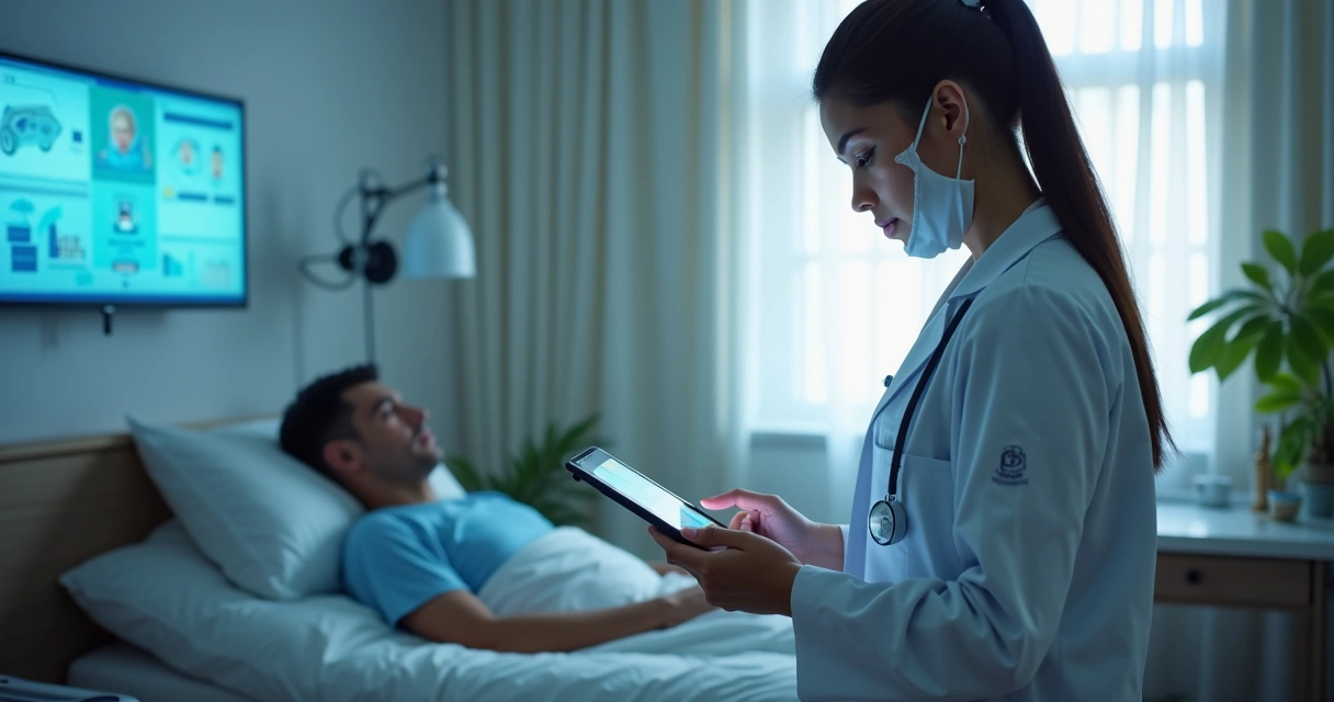 Profissional de saúde utilizando tablet para telemonitoramento de paciente em ambiente domiciliar moderno com equipamentos digitais e biossensores visíveis 