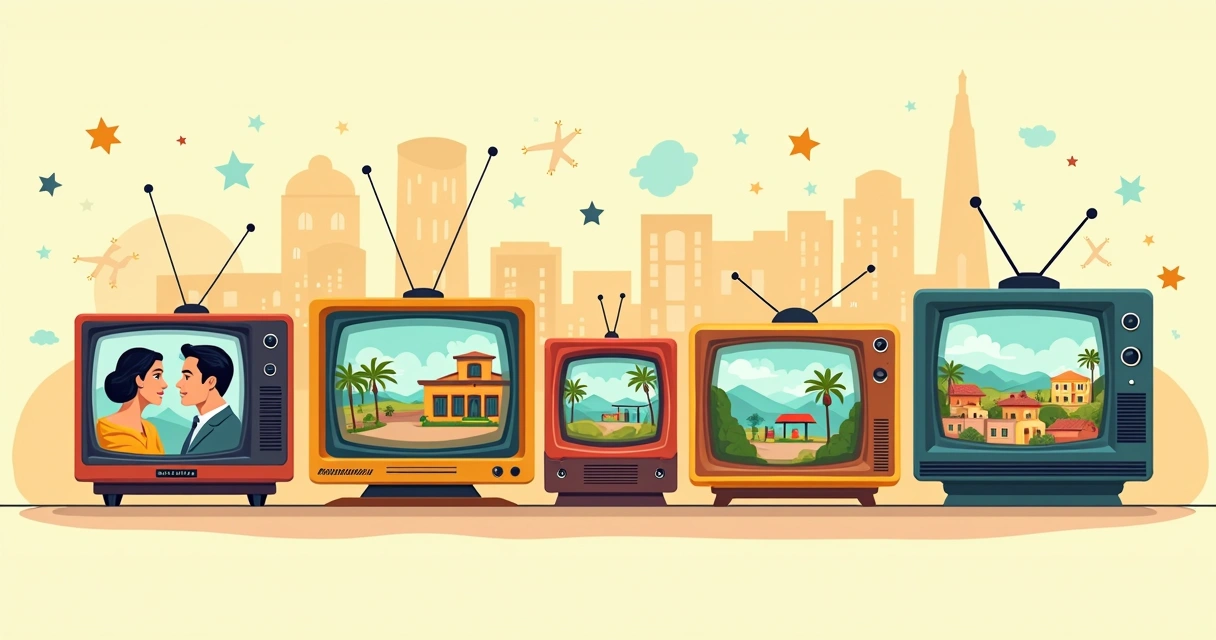 Colagem de televisores antigos exibindo cenas de telenovelas clássicas latino-americanas 