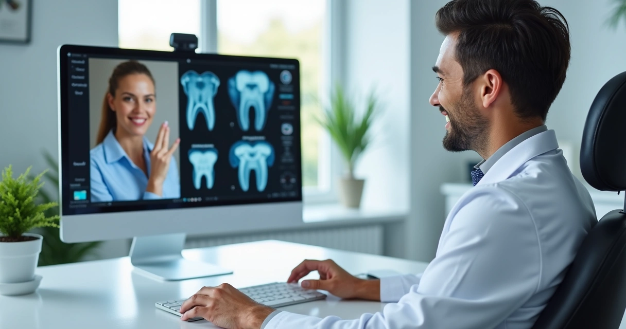 Dentista em vídeo chamada com paciente, ambos sorrindo 