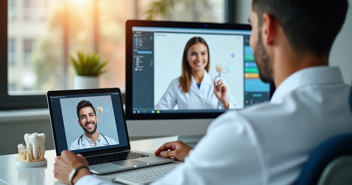 Dentista em videoconferência com paciente na tela do notebook