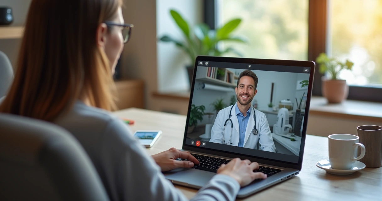 Paciente em casa participando de consulta por teleodontologia com dentista no computador