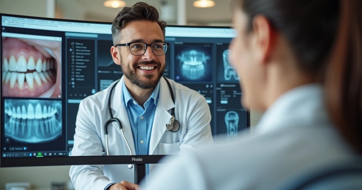 Dentista conversa online com paciente via videochamada, ambos atentos à tela mostrando sorriso, ambiente profissional e acolhedor. 