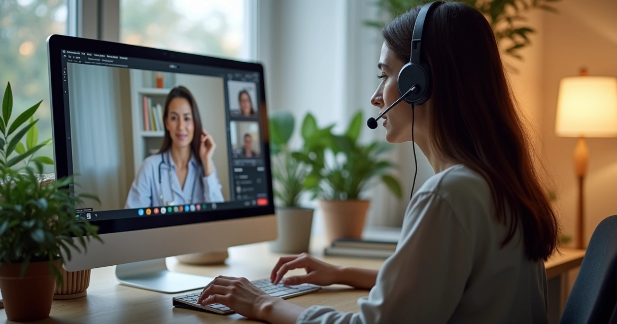 Profissional de psicologia atendendo paciente pela telepsicologia em consulta online, ambiente com computador, headset e materiais terapêuticos 