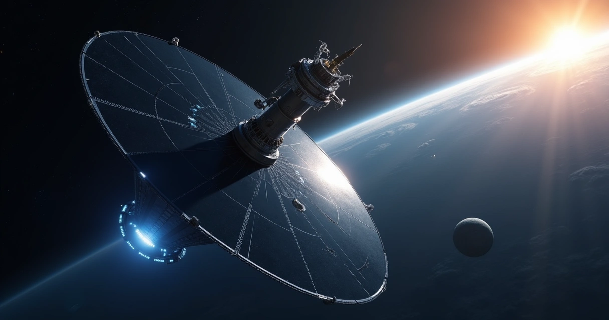 Telescópio espacial observando um exoplaneta distante, com estrela ao fundo 