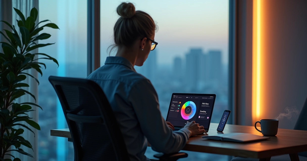 Profesional en teletrabajo gestionando sus emociones con panel digital de estados de ánimo 