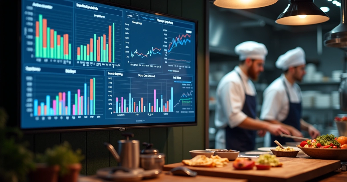 Mural digital exibindo gráficos de preços de insumos. 