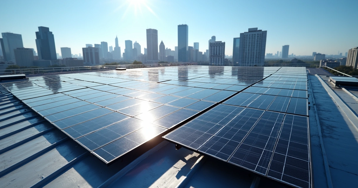 Telhado comercial coberto por painéis solares monocristalinos 