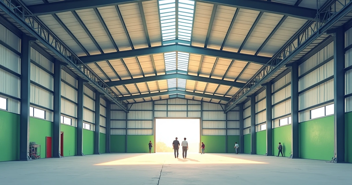 Telhado industrial de aço com isolamento térmico e luz natural. 