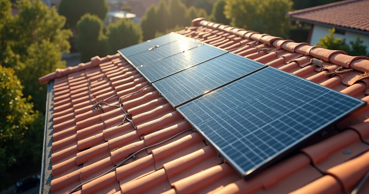 Vista aérea de telhado residencial com painéis solares e medidor elétrico 