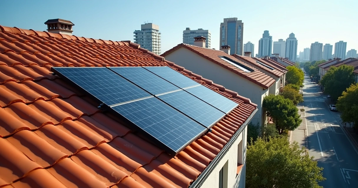 Placas solares instaladas em telhado urbano com prédios ao fundo 