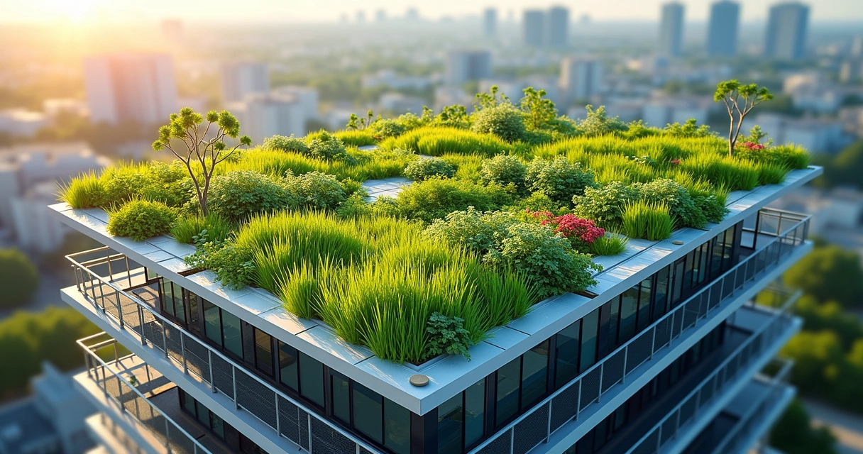 Telhado verde instalado em prédio comercial moderno, plantas variadas sobre estrutura. 