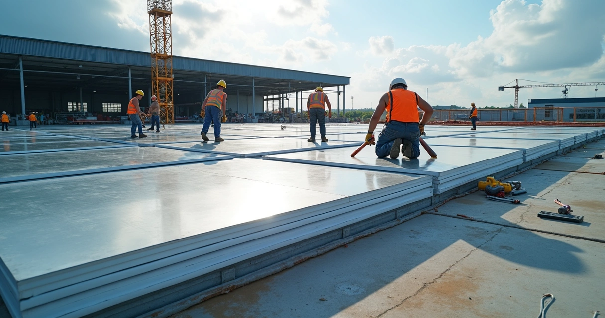 Trabalhadores instalando telhas sanduíche em um telhado industrial 