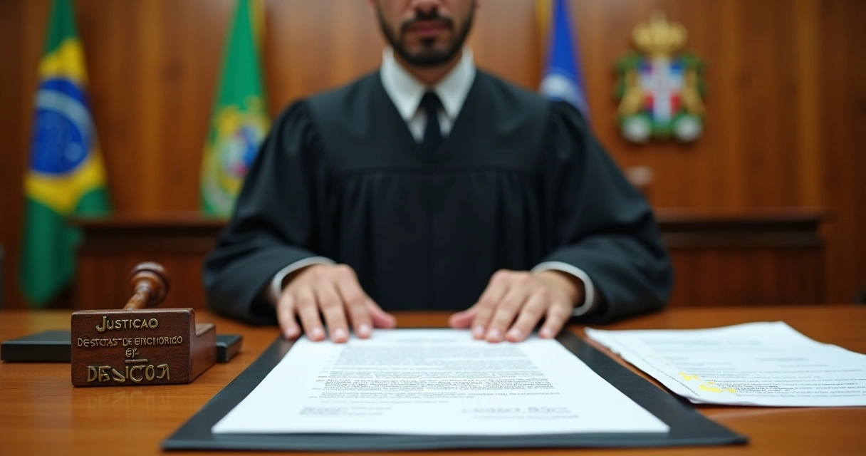 Juiz do trabalho em mesa de audiência analisando contrato público e documentos de fiscalização 