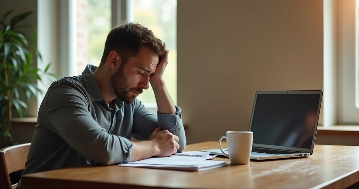 Homem sentado à mesa com expressão pensativa e cansada 