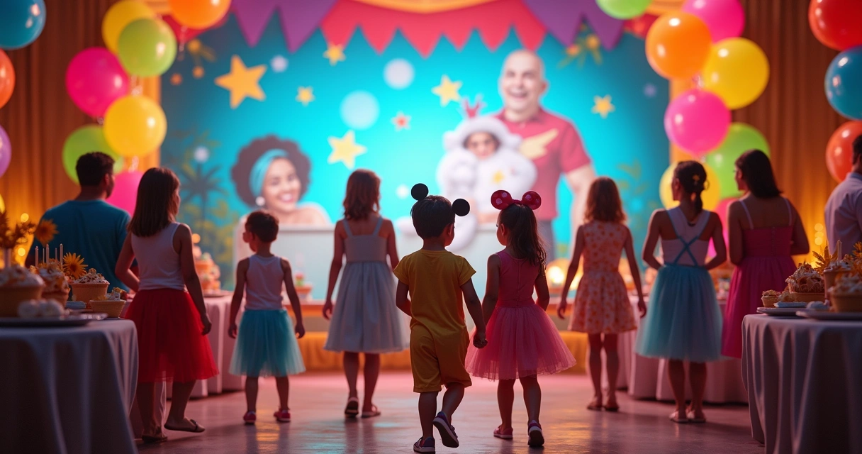 Painel de festa infantil com decoração de personagens de desenhos animados 