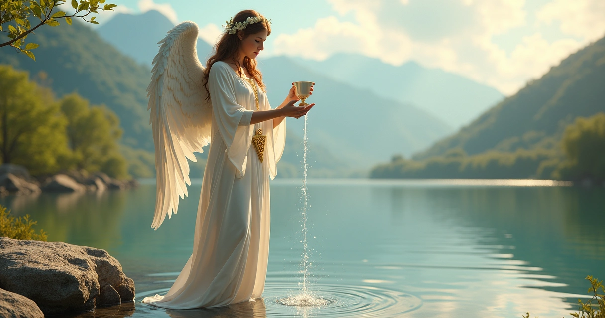 Temperance tarot card showing an angel blending water between two cups with a serene natural background 