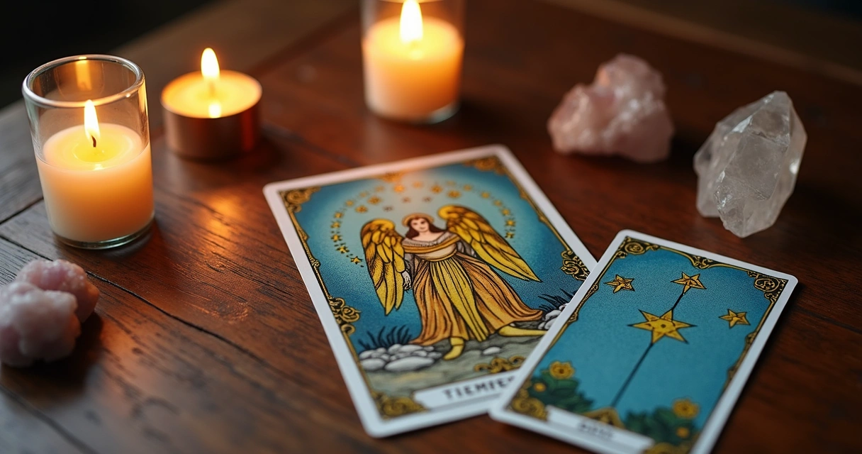 Tarot spread featuring Temperance card and others 