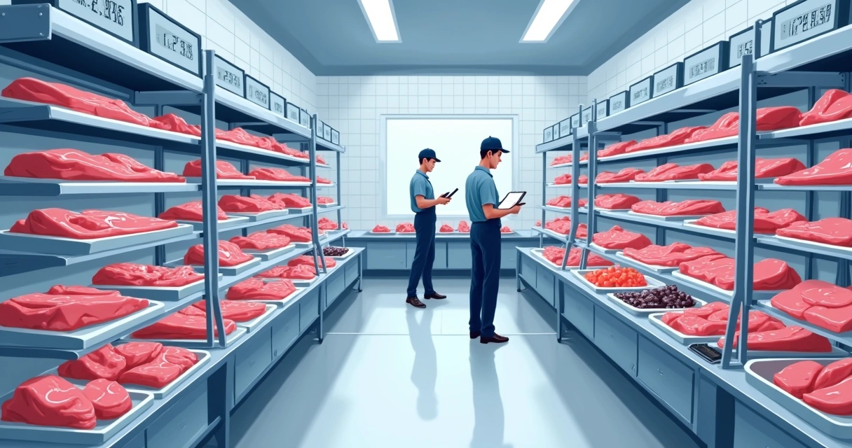 Câmara fria de açougue com controle de temperatura e carnes organizadas 