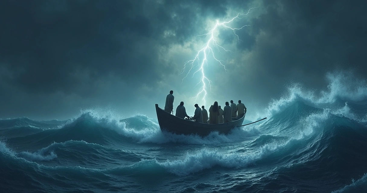 O mar da Galileia com ondas agitadas e barco pequeno ao fundo 