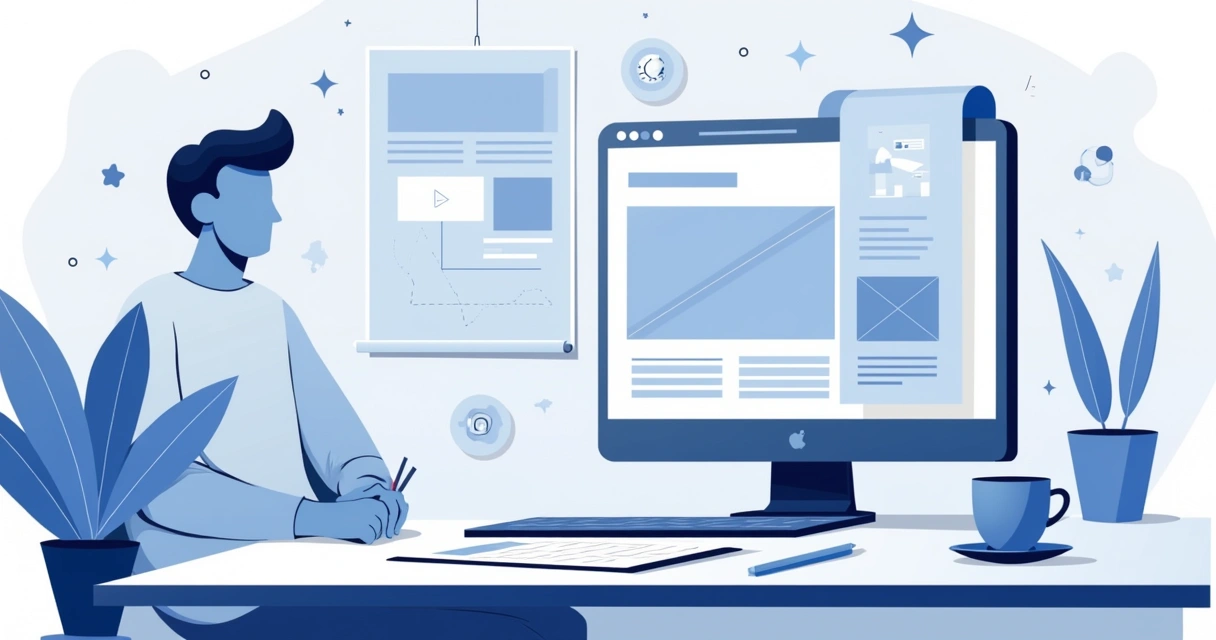 Um laptop exibindo um template de aplicativo em uma mesa limpa com café e anotações.