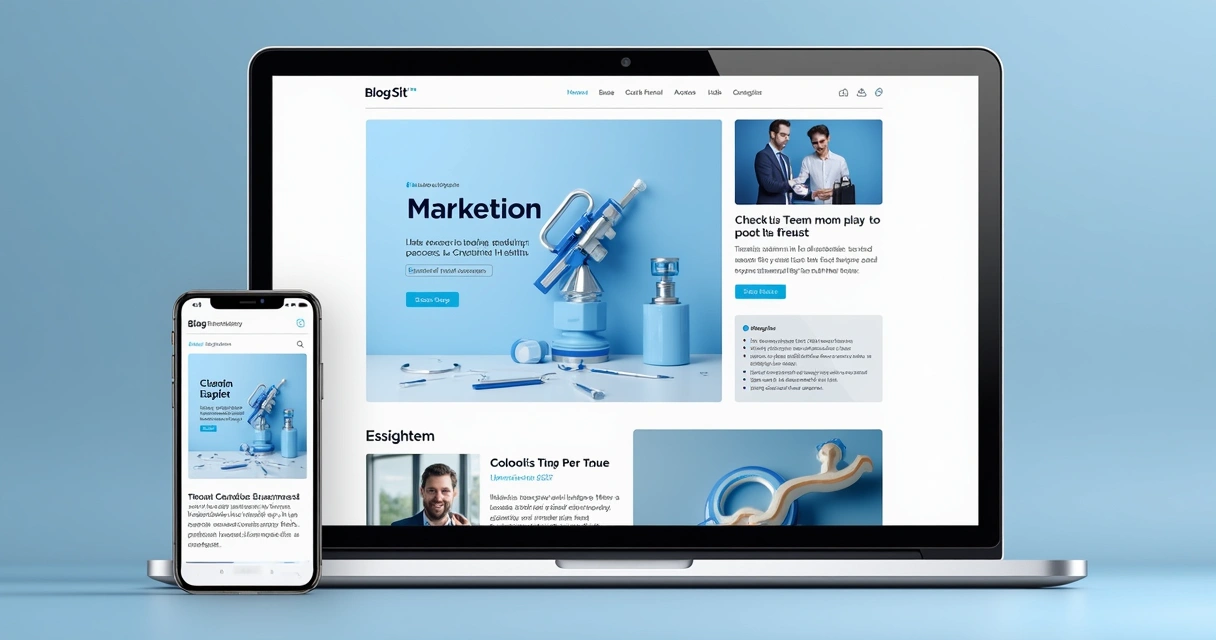 Template de blog para negócios digitais, limpo e responsivo em notebook e celular 