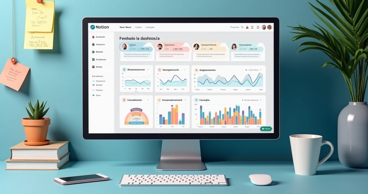Dashboard de feedbacks no Notion com cards organizados por status 