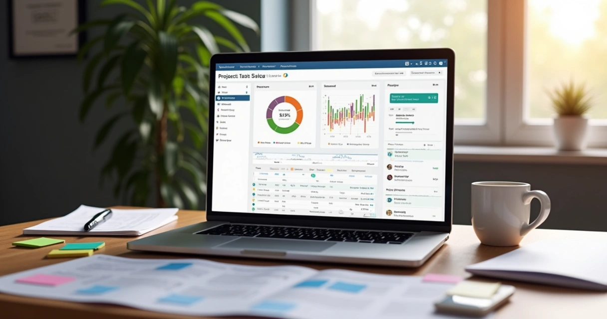 Visualização de dashboard OpenProject em tela de notebook 