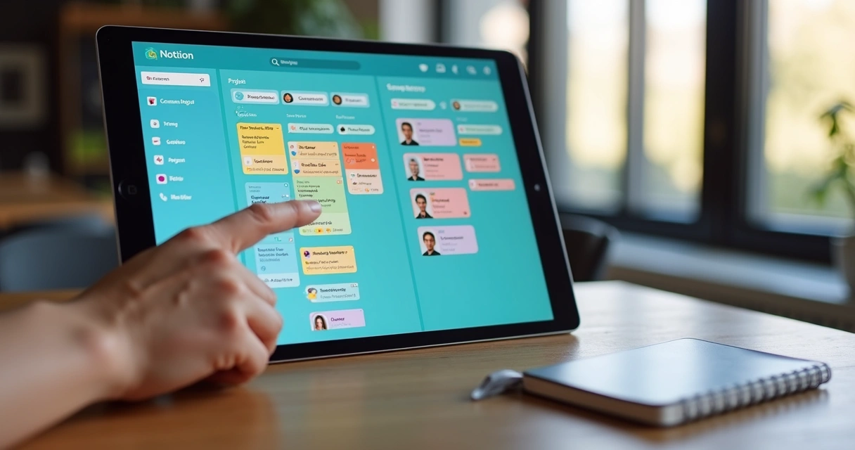 Quadro Kanban digital no Notion com cartões coloridos, datas e fotos de equipe 