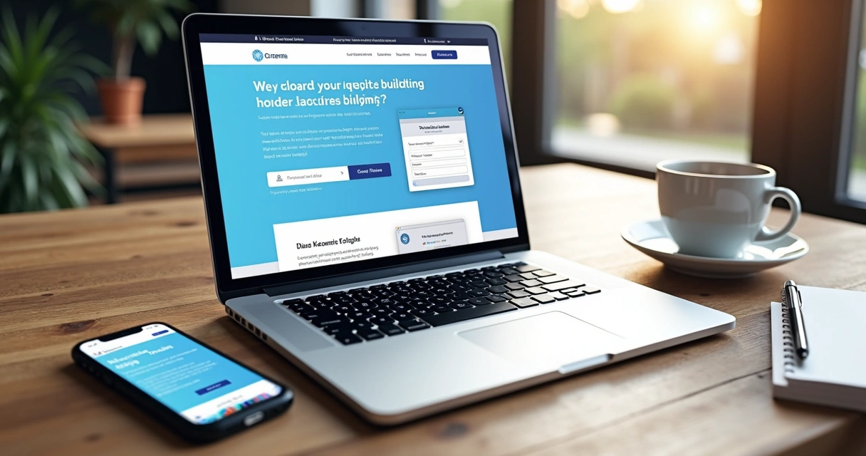 Editor visual com template de landing page limpo em notebook 