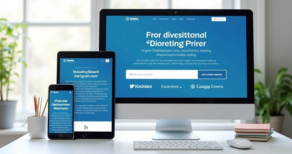 Template responsivo de landing page exibido em computador, tablet e smartphone 