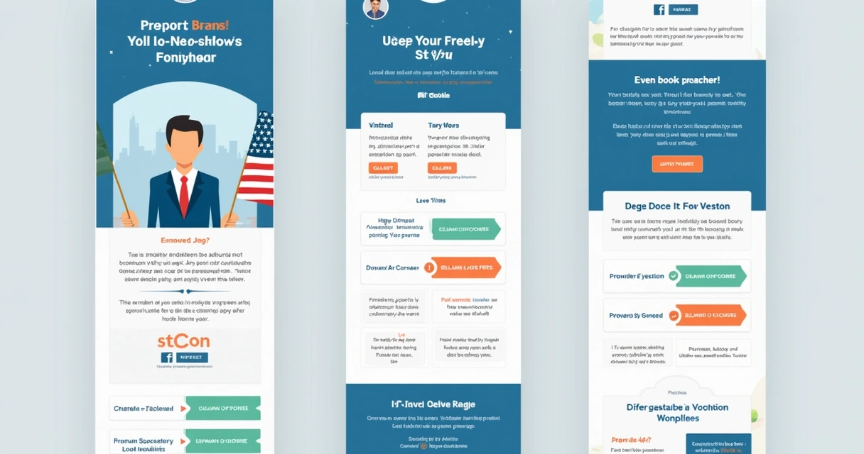 Template de newsletter para campanha política em tons azul e branco, cabeçalho com nome do candidato e botões coloridos