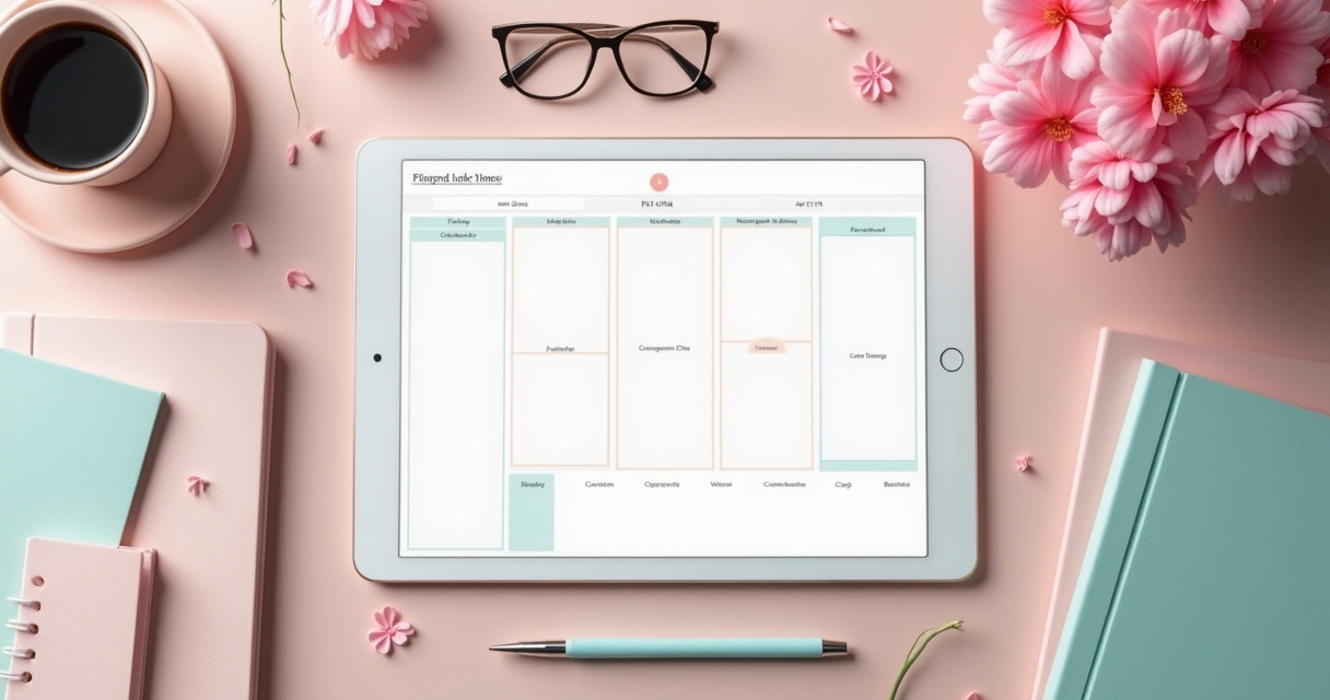 Template de organização digital com elementos femininos sobre uma mesa 