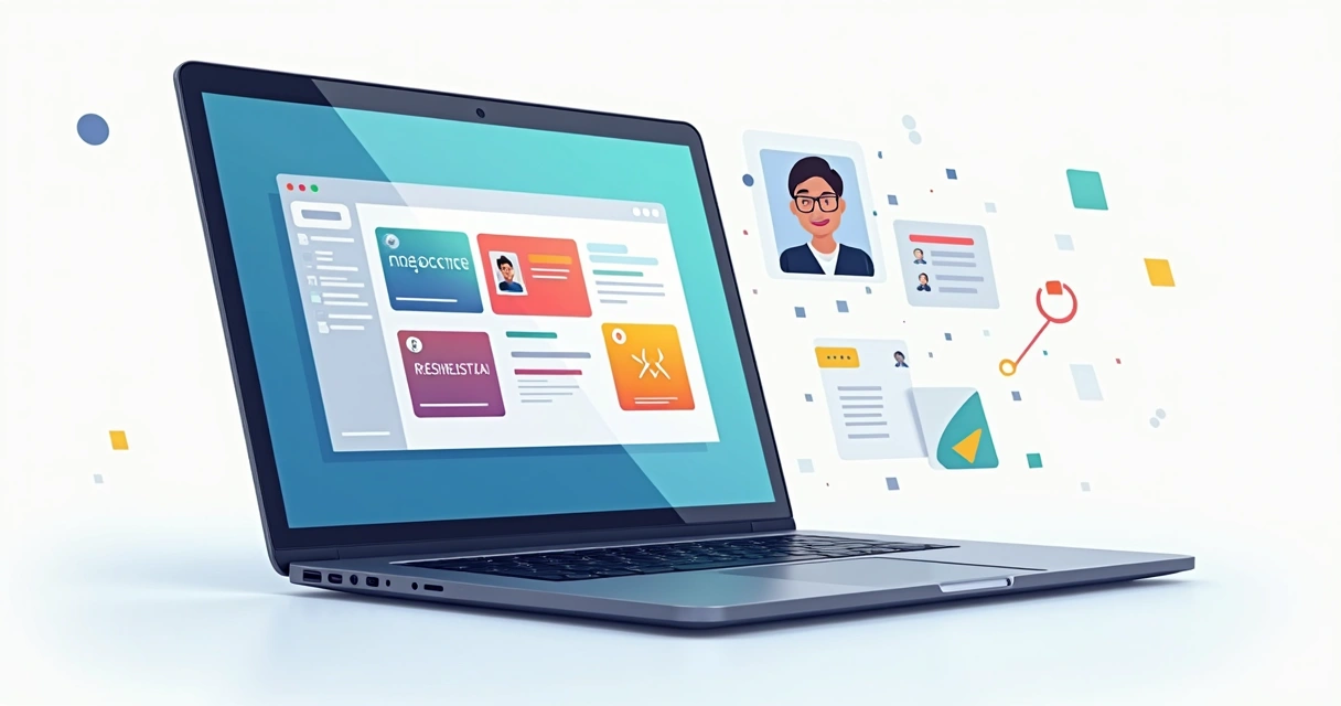 Template de portfólio com layout visual alinhado e imagens profissionais na tela de notebook 