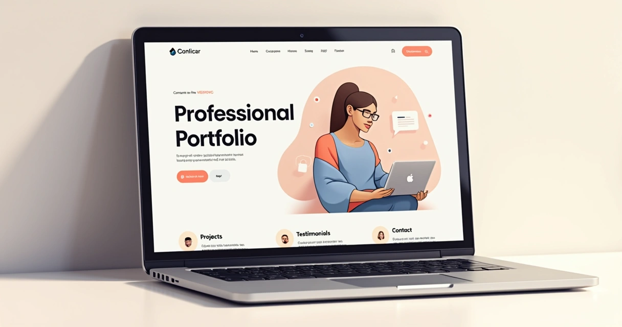 Exemplo de layout de portfólio profissional com cores neutras e navegação limpa 