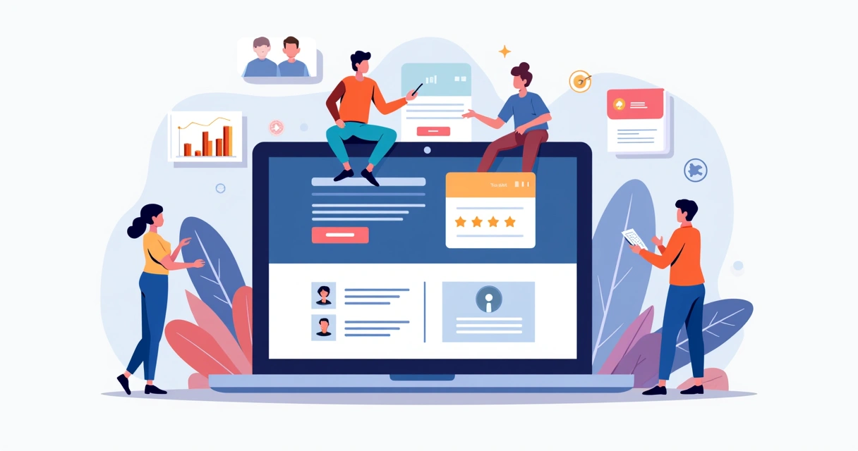 Ilustração de tela com template profissional de landing page em estilo corporativo 