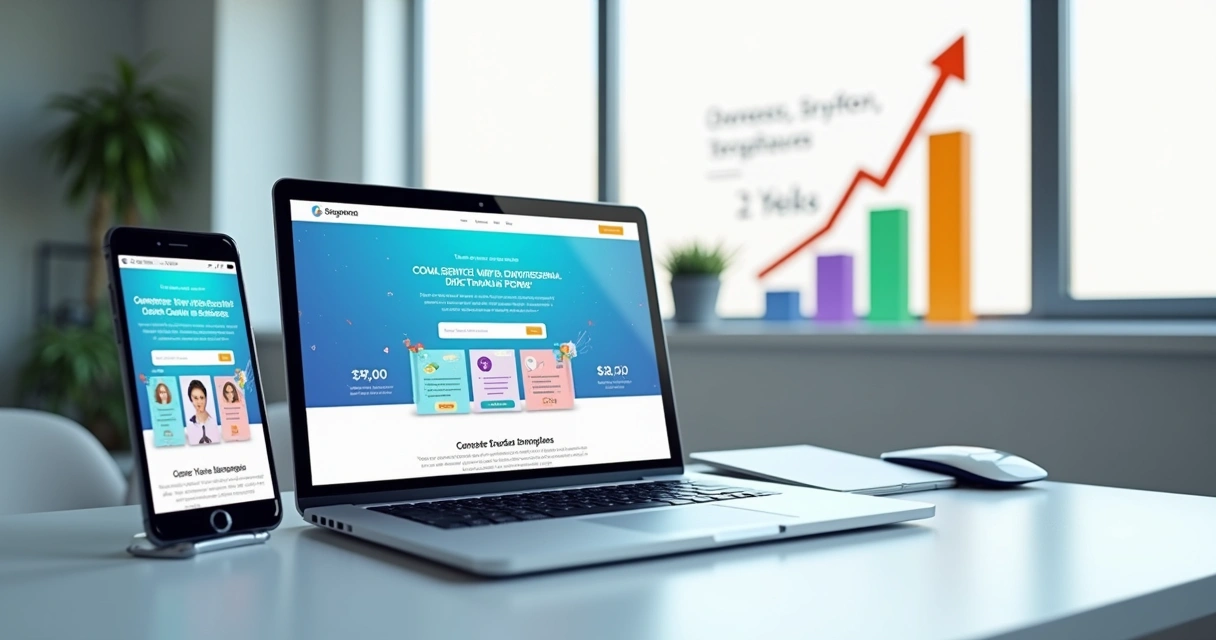 Mockup de landing page profissional em tela de laptop com gráficos de conversão ao fundo 