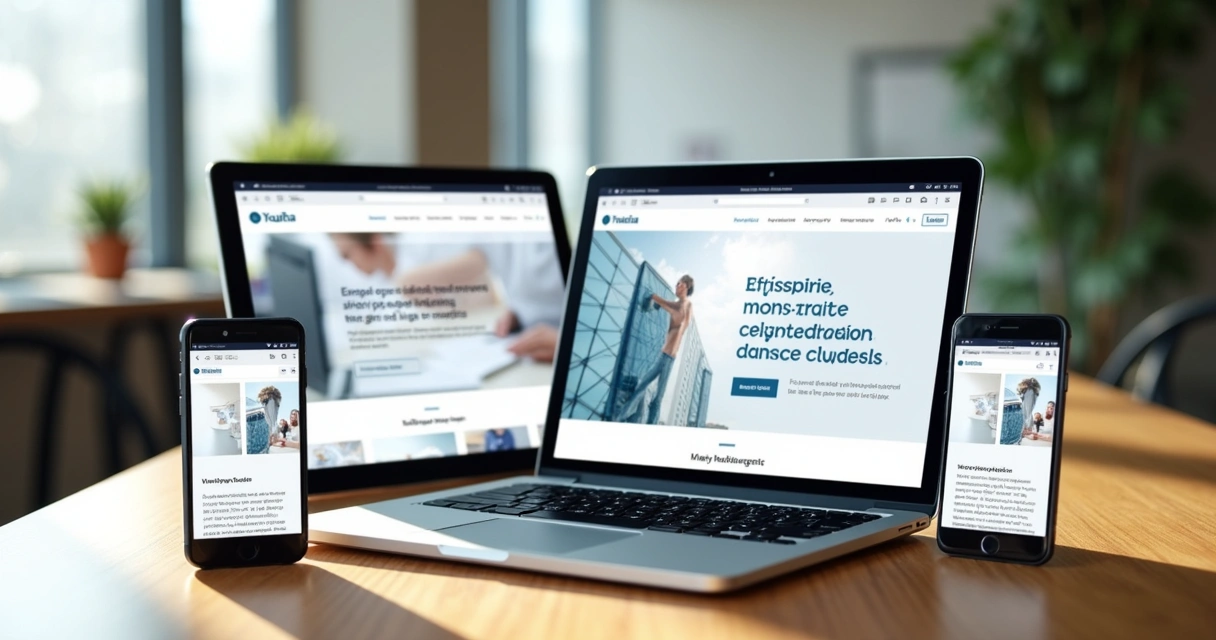 Visualização de site B2B em laptop, tablet e celular lado a lado 