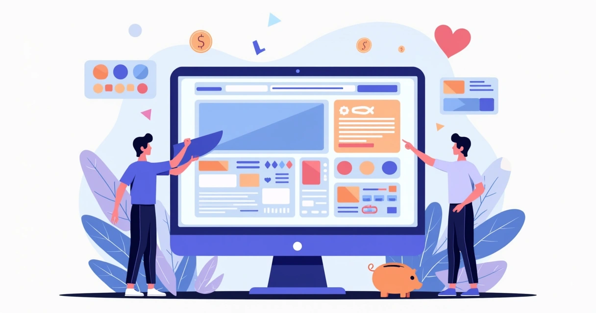 Designer personalizando template de site em computador com elementos de interface ao redor 