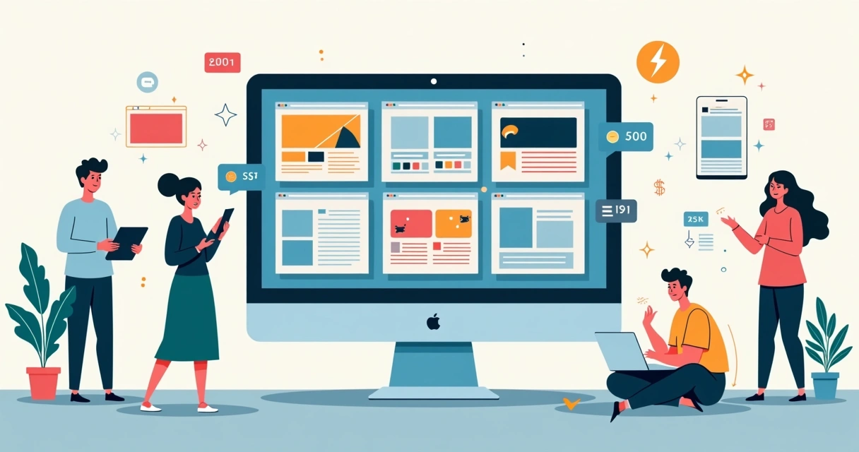 Ilustração de tela com mosaico de templates sendo personalizados sem uso de código 