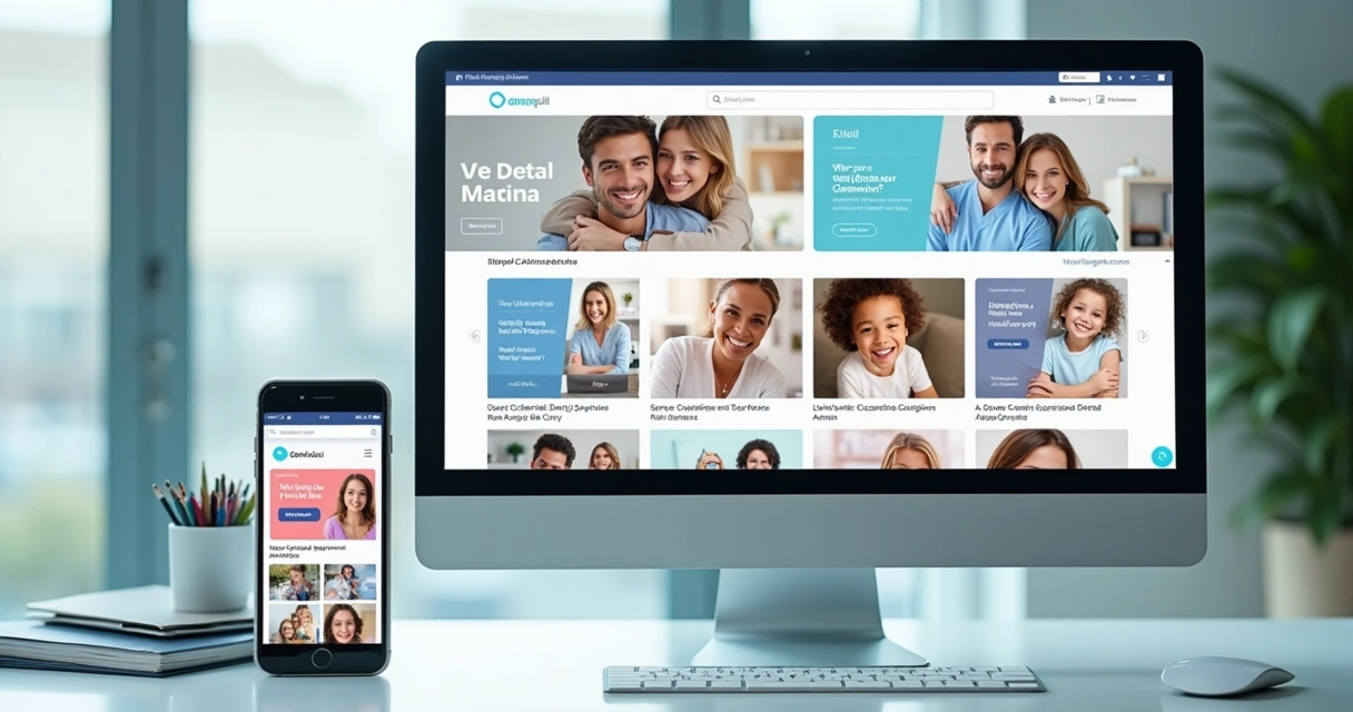 Vários templates de anúncios odontológicos no Canva, mostrando formatos para banner, stories e carrossel em tela de computador e celular 
